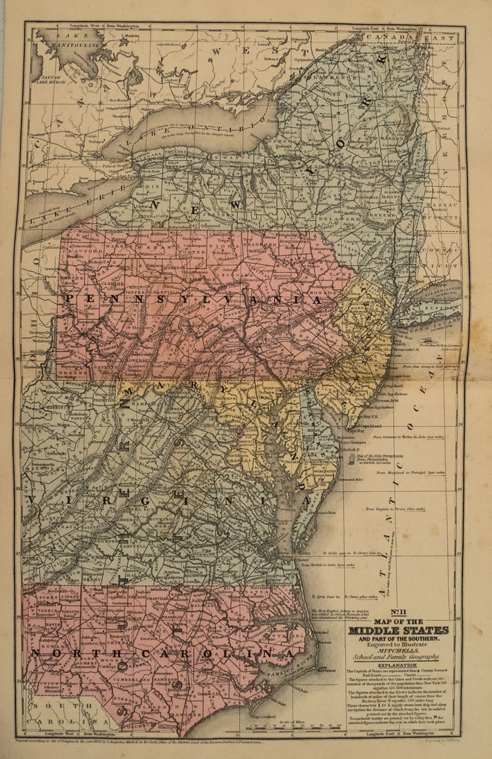 1858 Mitchell Map Of New York To North Carolina No. 11 Map Of The Middle States And Part Of