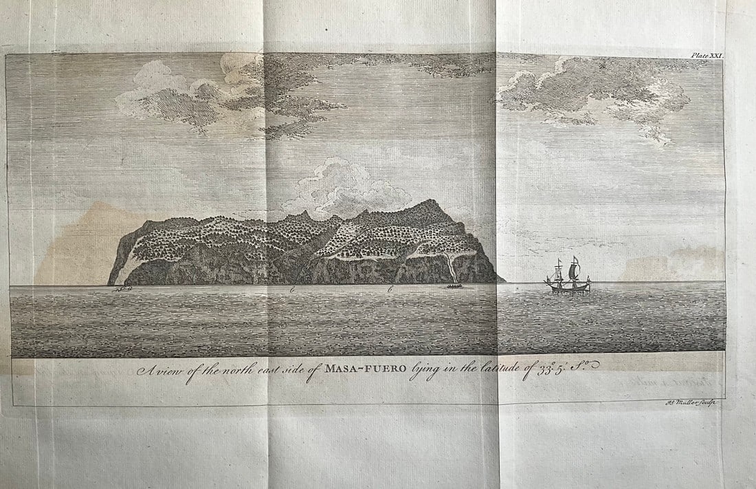1756 Alejandro Selkirk Island in the Juan Fernandez Archipelago, now named after the marooned: Title: 1756 Alejandro Selkirk Island in the Juan Fernandez Archipelago, now named after the marooned sailor, by the English pirate G. Anson. Date: 1756 Materials: Copper plate engraved Dimensions: 18 