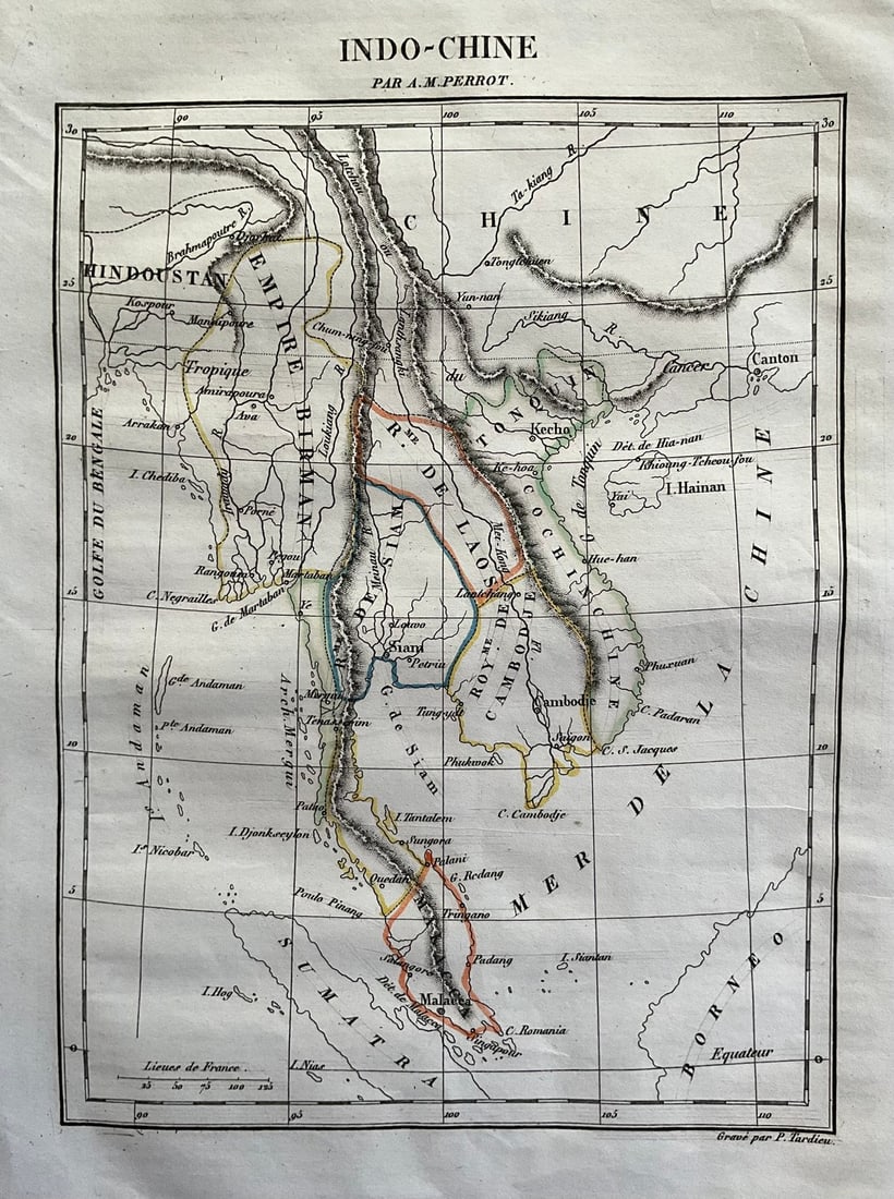 Continental Part of Southeast Asia. Thailand, Laos, Cambodia, Burma Vietnam and Malay Peninsula. By: Title: Continental Part of Southeast Asia. Thailand, Laos, Cambodia, Burma Vietnam and Malay Peninsula. By A. Perrot Date: 1837 Materials: Hand-colored steel engraving Dimensions: 7 x 10 3/4” De