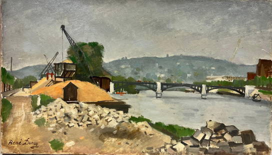 Early 20th Century French Impressionist Signed Oil Industrial River Landscape: Title: Early 20th Century French Impressionist Signed Oil Industrial River Landscape Description: The Working River signed Rene Durey, early 20th century oil painting on canvas, unframed painting: 11