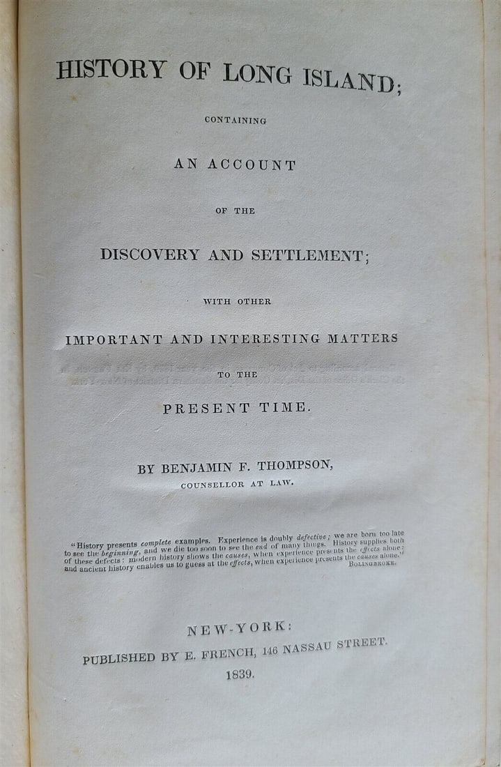 1839 HISTORY of LONG ISLAND DISCOVERY & SETTLEMENT by B. THOMPSON antique 1st ed (1 of 7)