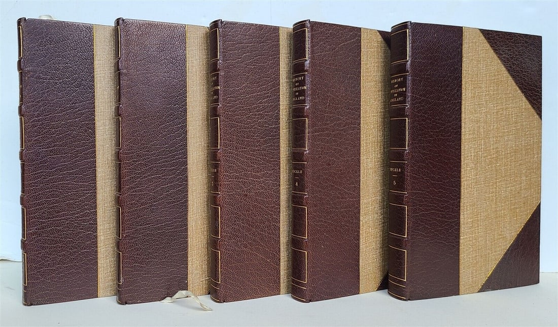 1864 HISTORY OF CIVILIZATION IN ENGLAND 5 VOLUMES antique: HISTORY OF CIVILIZATION IN ENGLAND by HENRY THOMAS BUCKLE London ; 1864 5 mixed volumes from second and fourth editions Size 6 by 9" 3/4 morocco Perfect condition Text in English Reserve: $151.00 Ship