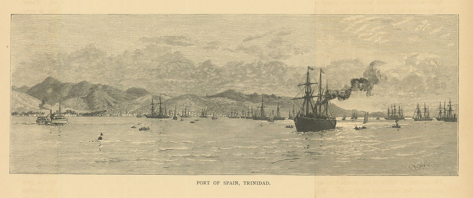 Panorama of Port of Spain, Trinidad, from the sea 1889 old antique print: Port of Spain, Trinidad' by I.R Wells (1889). Antique print, 10.0 x 24.5cm, 4 x 9.5 inches Reserve: $50.00 Shipping: Domestic: Flat-rate of $38.00 to anywhere within the contiguous U.S. Internati