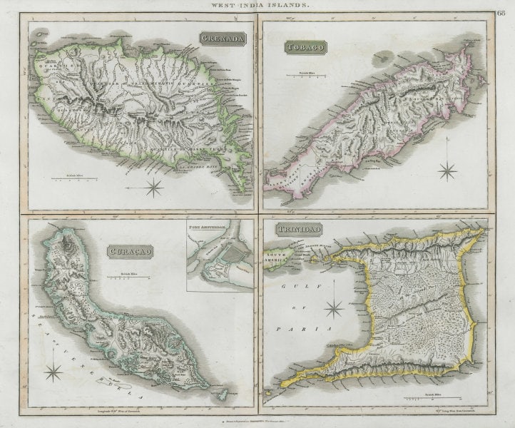 Grenada, Tobago, Trinidad & Curaçao. West Indies Caribbean. THOMSON 1830 map: Grenada // Tobago // Trinidad // Curaçao // Fort Amsterdam' by Drawn & engraved by Samuel John Neele for John Thomson's "New General Atlas" (1830). Antique early 19th century atlas map with origi