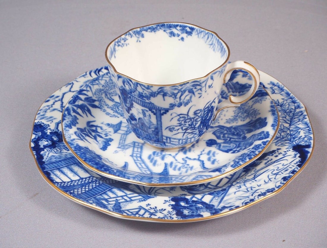 Royal Crown Derby Blue Mikado Salad Plate Coffee Tea Cup Saucer Trio Setting: This beautiful, Bone china TRIO set of Dessert/Salad Plate, Cup and Saucer is made by Royal Crown Derby in their famous Mikado collection. The Mikado pattern was designed in 1894 by Royal Crown Derby�