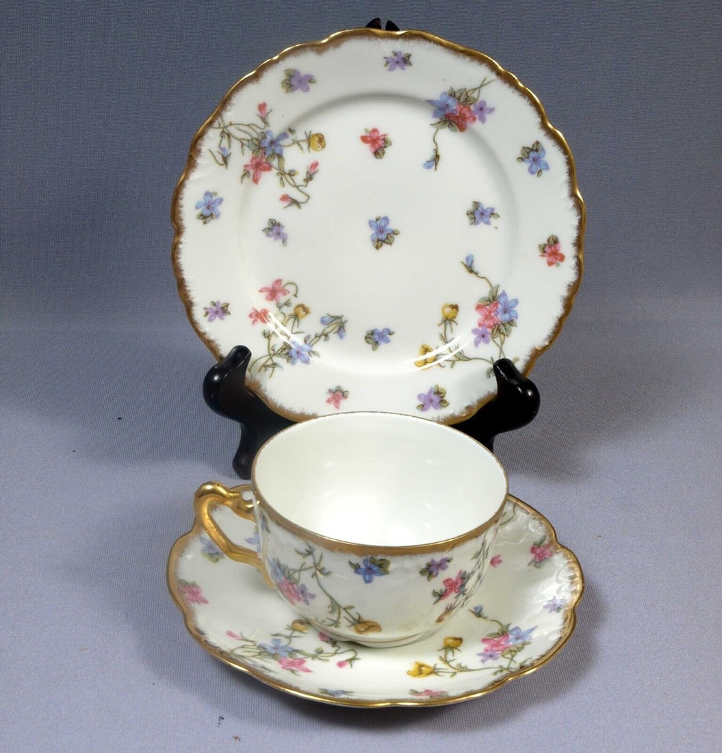 Limoges France A. Lanternier Coffee Teacup Saucer Dessert Plate Trio Violets (1 of 5)