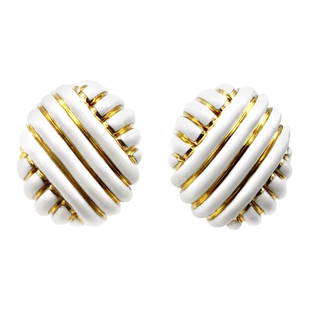 Andrew Clunn Vintage White Enamel Yellow Gold Clip-On Earrings: An impressive pair of 18k yellow gold and white enamel clip-on earrings by Andrew Clunn. The enamel is fully intact. Stamped with A. Clunn maker's mark and a hallmark for 18k gold. Measurements: 1 1/4