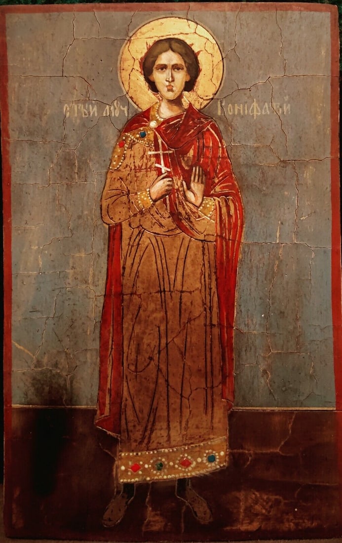 ANTIQUE 18-19C HAND PAINTED RUSSIAN ICON OF ST.BONIFATSUY(BONIFACE) ON GOLD (1 of 3)