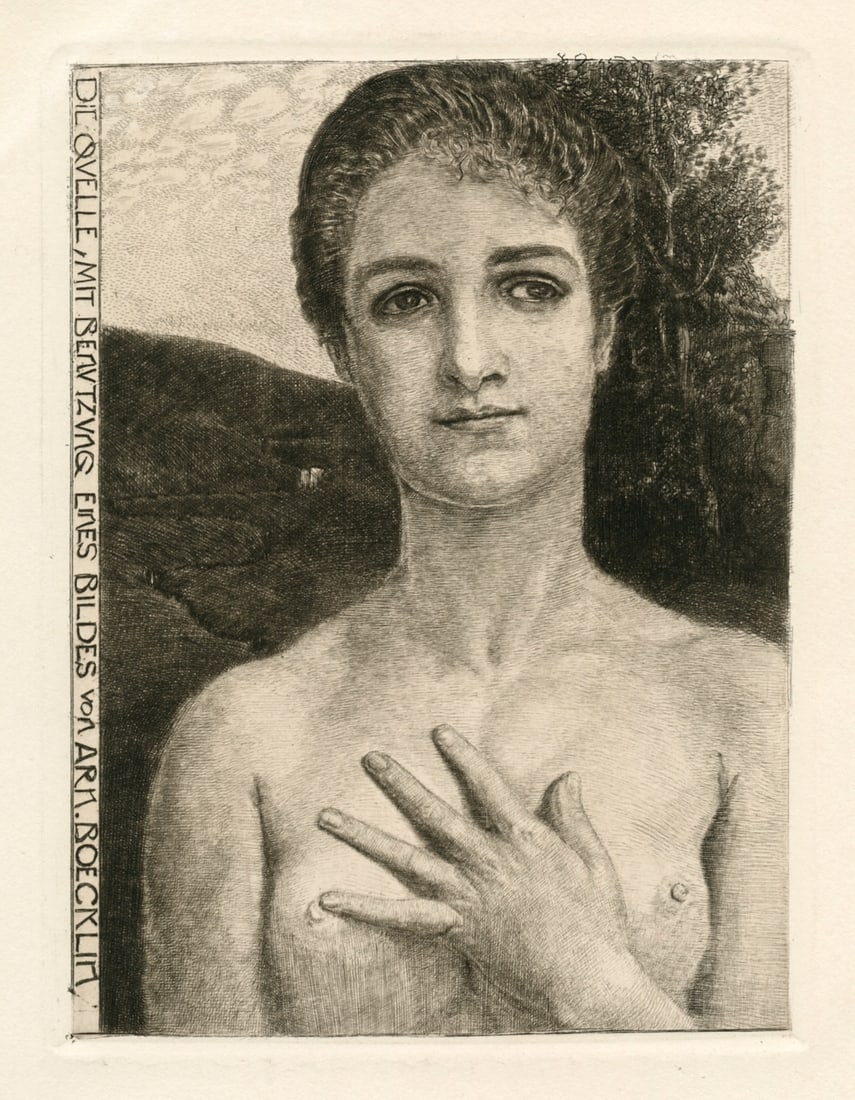 Max Klinger original etching "Die Quelle": Medium: original etching and aquatint. Catalogue reference: Singer 325. Published in Vienna by Gesellschaft für Vervielfältigende Kunst in 1896. The plate measures 6 1/8 x 4 3/4 inches (155 x 120 mm