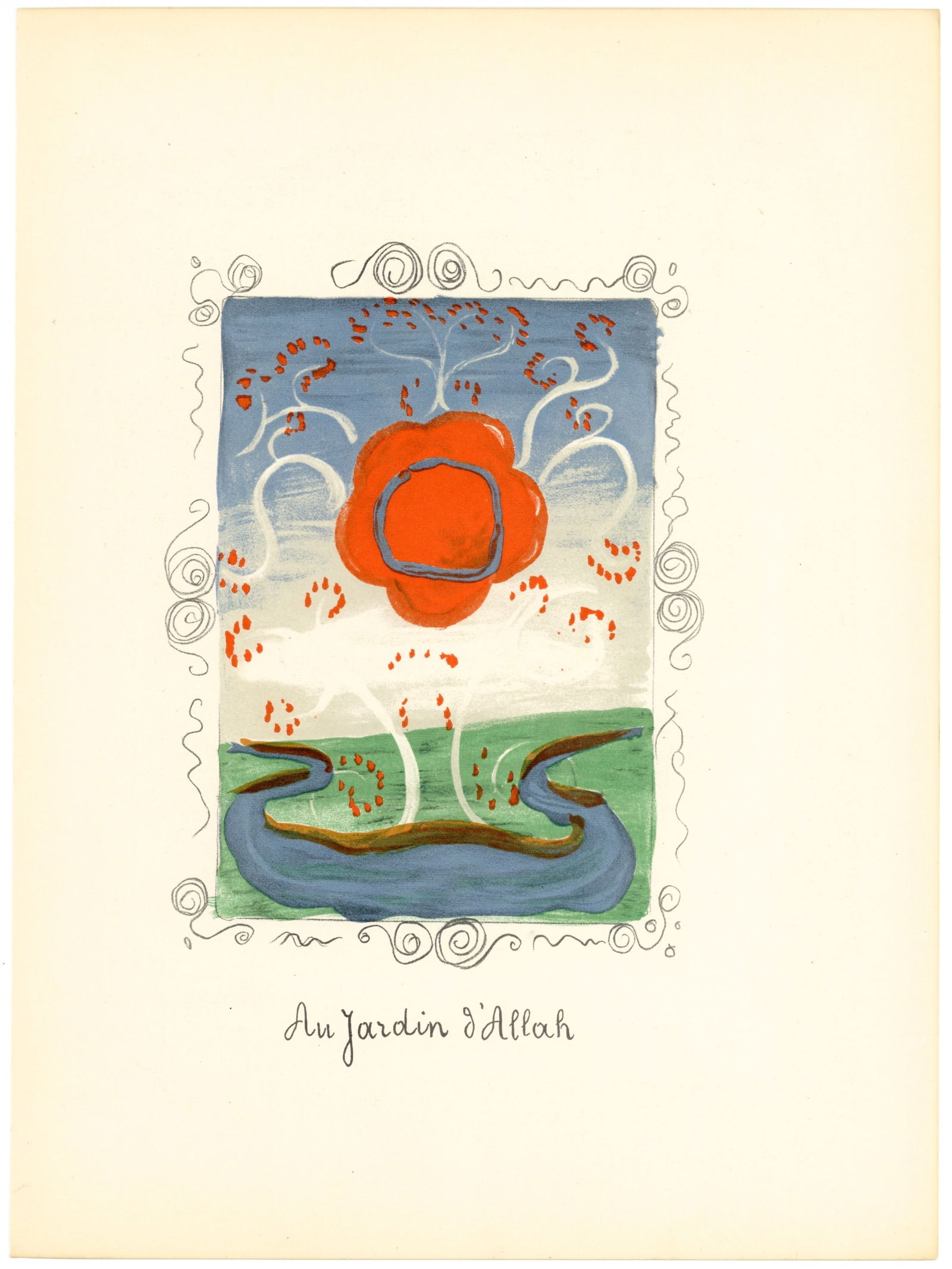 Andre Derain lithograph "In the Garden of Allah": Medium: lithograph. Published in Paris by Teriade for Verve (Volume 1, Number 4), in 1939. Verve was founded in 1937 to showcase original prints by the leading artists of the day, with outstanding tec