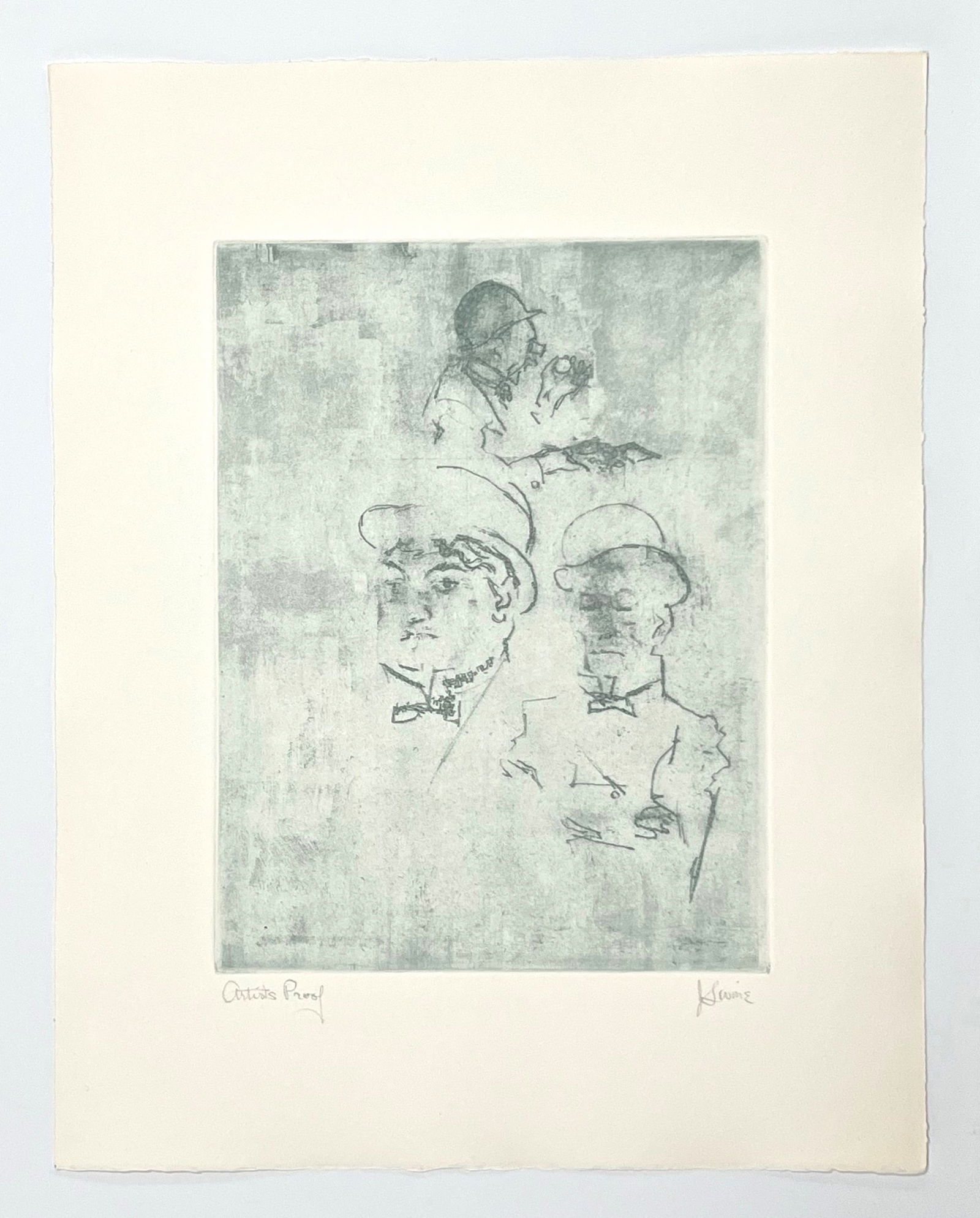 Jack Levine signed original etching "Thieves": Medium: original soft ground etching. Signed in pencil and annotated "Artist's Proof". Printed in 1967 for the Dreigroschen Film portfolio and published by Touchstone Publishers. This is one of 10 art