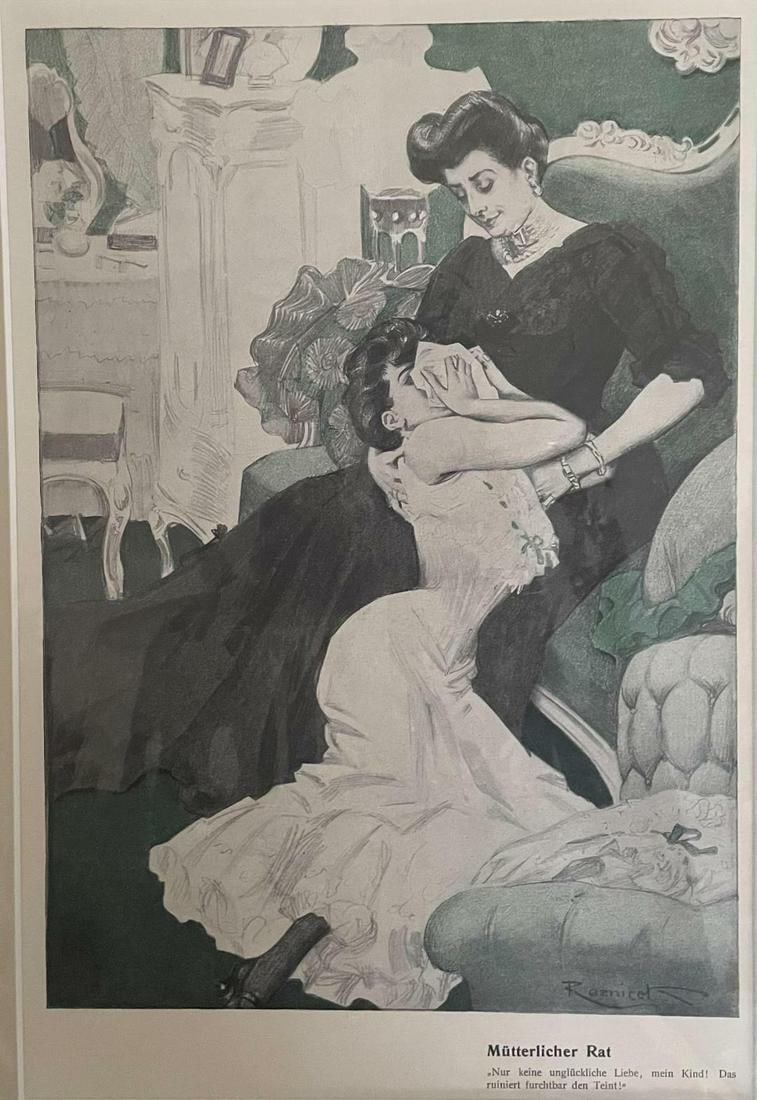 1908 Matted Original German Lithographic Print "Mutterlicher Rat" (1 of 2)