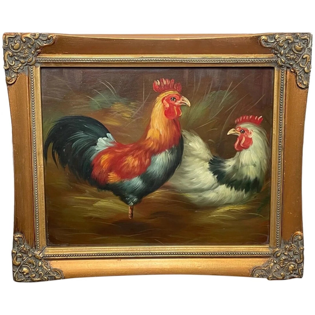 English Oil Painting Study Of Poultry Cockerel & Hen Birds After Edgar Hunt: English Oil Painting Study Of Poultry Cockerel & Hen Birds After Edgar Hunt 1 Small Fine English Oil Painting Study Of Poultry Cockerel & Hen Birds After Edgar Hunt. Unsigned. In the style of similar