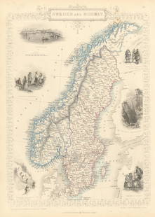 Sweden and Norway by Herman Moll. Scandinavia Finland 1709 old antique map: CAPTION PRINTED BELOW PICTURE: 'Sweden and Norway' The vignette view in the lower left shows an army regiment of the Norway Skielöobere (literally skate runners) skiing downhill. Vignettes: Stock