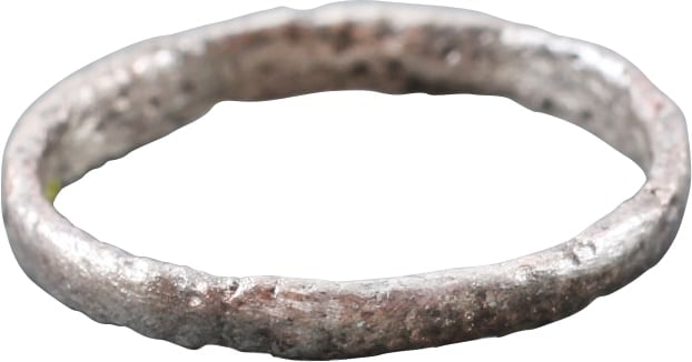 VIKING WOMANâ€™S WEDDING RING, 850-1050 AD.: Silvered bronze, size 3 1/4 for wear between the first two joints of the small finger as was the custom. 2.2mm rounded face band. Crisp with surface texture from burial. Professionally refurbished wit