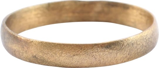 VIKING WOMANâ€™S WEDDING RING, 850-1050 AD: Gilt bronze, size 4 1/4 for wear between the first two joints of the small finger as was the custom. 2.5mm rounded faced band. Crisp with light surface texture from burial. Professionally refurbished