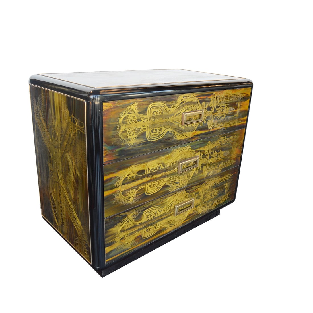 Chest of Drawers: Title: Chest of Drawers Description: Chest of Drawers by Bernhard Rohne for Mastercraft Date/Period:1970s Materials: Acid etched brass, with black lacquered trim, and original brass hardware. Dimensio