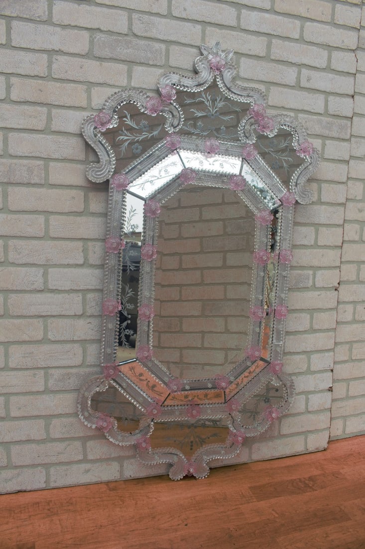 Hollywood Regency Venetian Glass Etched and Beveled Wall Mirror with Pink Flowers (1 of 11)