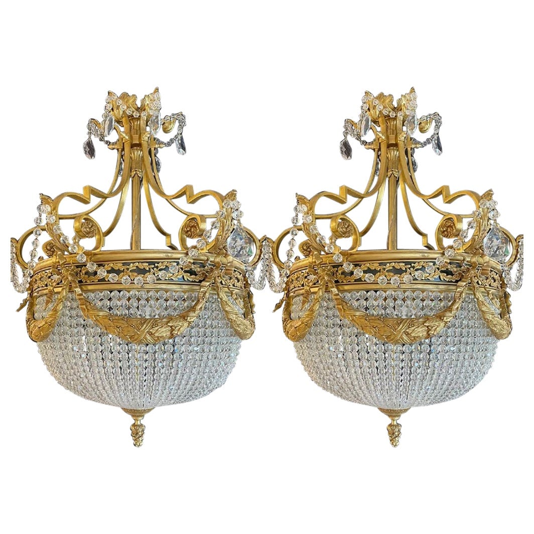 Pair of Gilt Bronze Louis XVI Style Ballroom Chandeliers, Crystal, Rewired: Title: Pair of Gilt Bronze Louis XVI Style Ballroom Chandeliers, Crystal, Rewired Description: A pair of gilt bronze Louis XVI style ballroom chandeliers, crystal, rewired. A pair of fine French ballr