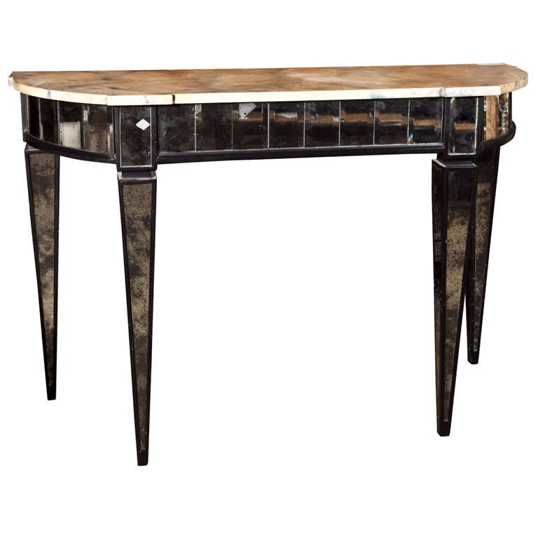 Manner of Maison Jansen Mirrored Demilune Console Tables: Title: Manner of Maison Jansen Mirrored Demilune Console Tables Description: French Directoire style demilune console table, faux marble atop a frieze decorated with mirrored panels, raised on four sq