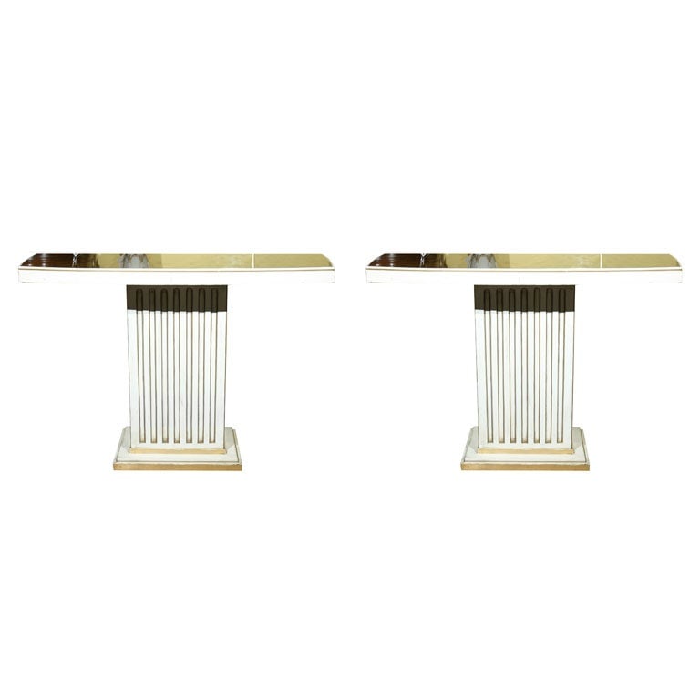Pair Maison Jansen Painted and Eglomise Emerald Green Glass Top Console Tables: Title: Pair Maison Jansen Painted and Eglomise Emerald Green Glass Top Console Tables Description: A fabulous pair of console tables, circa 1950s, stamped Jansen, the verre Ã©glomisÃ© glass atop w