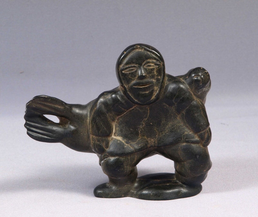 Inuit Eskimo Native American Soapstone Carving Man Seal SIGNED Peter (1 of 7)