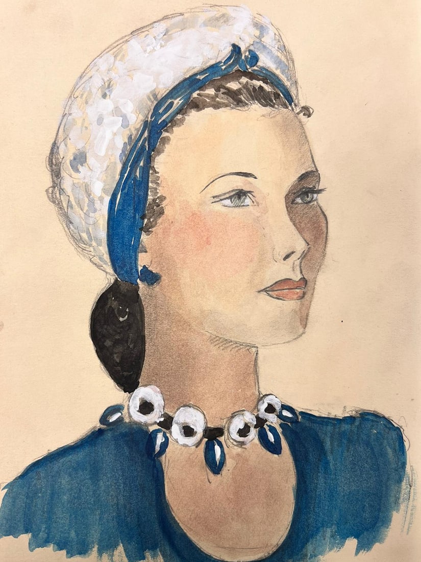 1950’s Fashion Illustration Original Painting Of A Sailor Styled Lady In Blue 1960's (1 of 18)