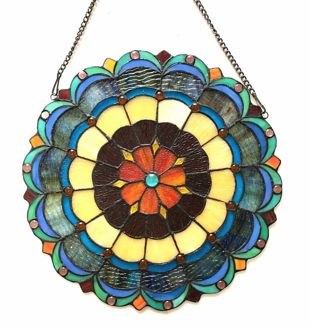 18" Round Stained Glass Window Hanging Panel Suncatcher: Description 18" Wide 27" max hanging height with chain Such a wonderful reproduction stained glass window panel. This panel is a true testament to the beauty and craftsmanship of stained glass art, an