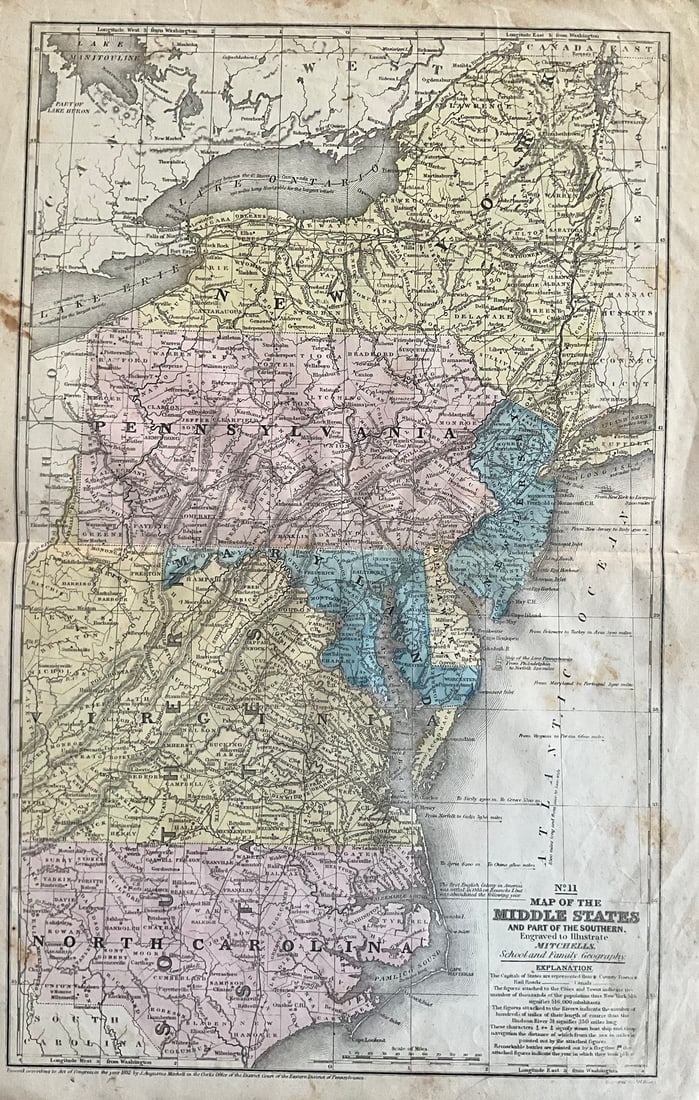 1856 Mid-Atlantic States Map by Mitchell: Title: 1856 Mid-Atlantic States Map by Mitchell Date/Period: 1856 Materials: Hand colored steel engraving Size: 18” x 9” br>Discover the Mid-Atlantic states as they were in 1856 with this