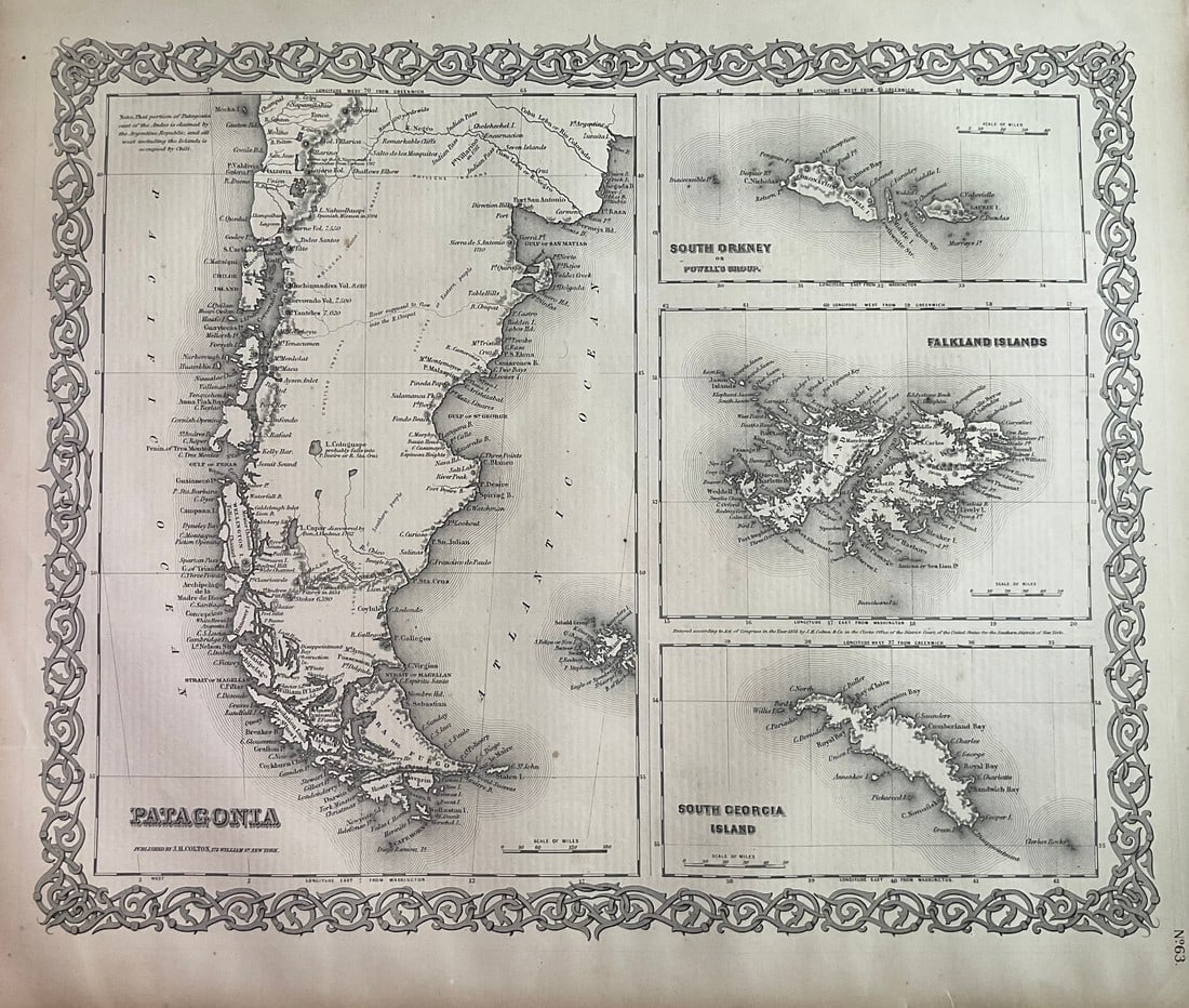 Map of 1859. Patagonia, Falkland Islands by Colton: Title: Map of 1859. Patagonia, Falkland Islands by Colton Date/Period: 1859 Materials: Hand colored steering engraved Size: 17 1/2 x 14 1/2” br>Patagonia is still not controlled by Chile or Arge