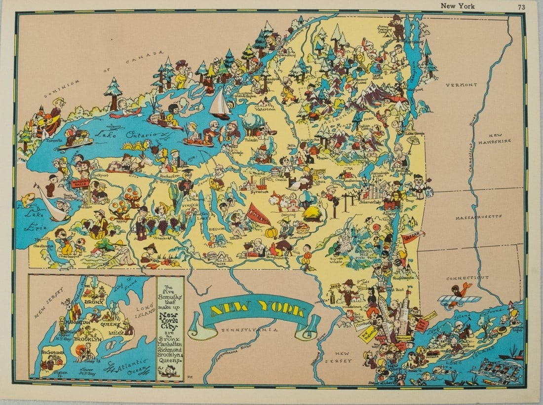 1938 R Taylor White Pictorial Map of New York -- New York: Title: 1938 R Taylor White Pictorial Map of New York -- New York Cartographer: Ruth Taylor White Year / Place: 1938, Boston Map Dimension (in.): 11.6 x 8.5 in. This is Ruth Taylor White's charming pic