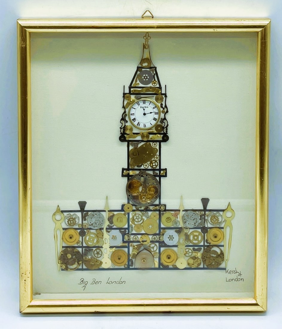 L KERSH OF LONDON SIGNED HOROLOGICAL COLLAGE BIG BEN WATCH PARTS: Title: L KERSH OF LONDON SIGNED HOROLOGICAL COLLAGE BIG BEN WATCH PARTS Date/Period: Dimension: approx 12.5 Material: MIXED MATERIALS Additional Information: L KERSH OF LONDON SIGNED HOROLOGICAL COLLA