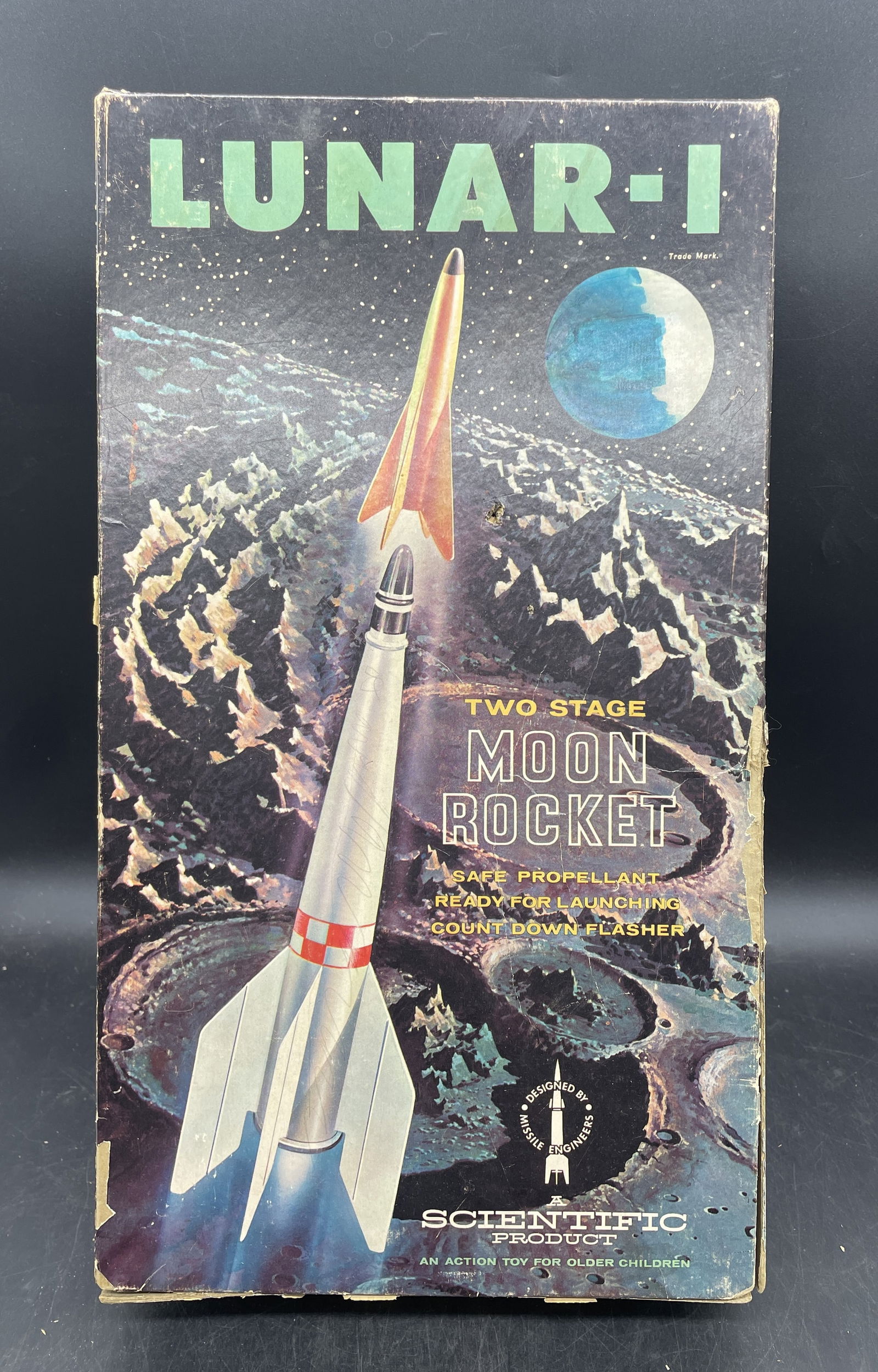 VINTAGE 1950'S LUNAR-1 I TWO STAGE MOON ROCKET SPACE TOY,LAUNCHER,BOX,NO. 205 (1 of 8)