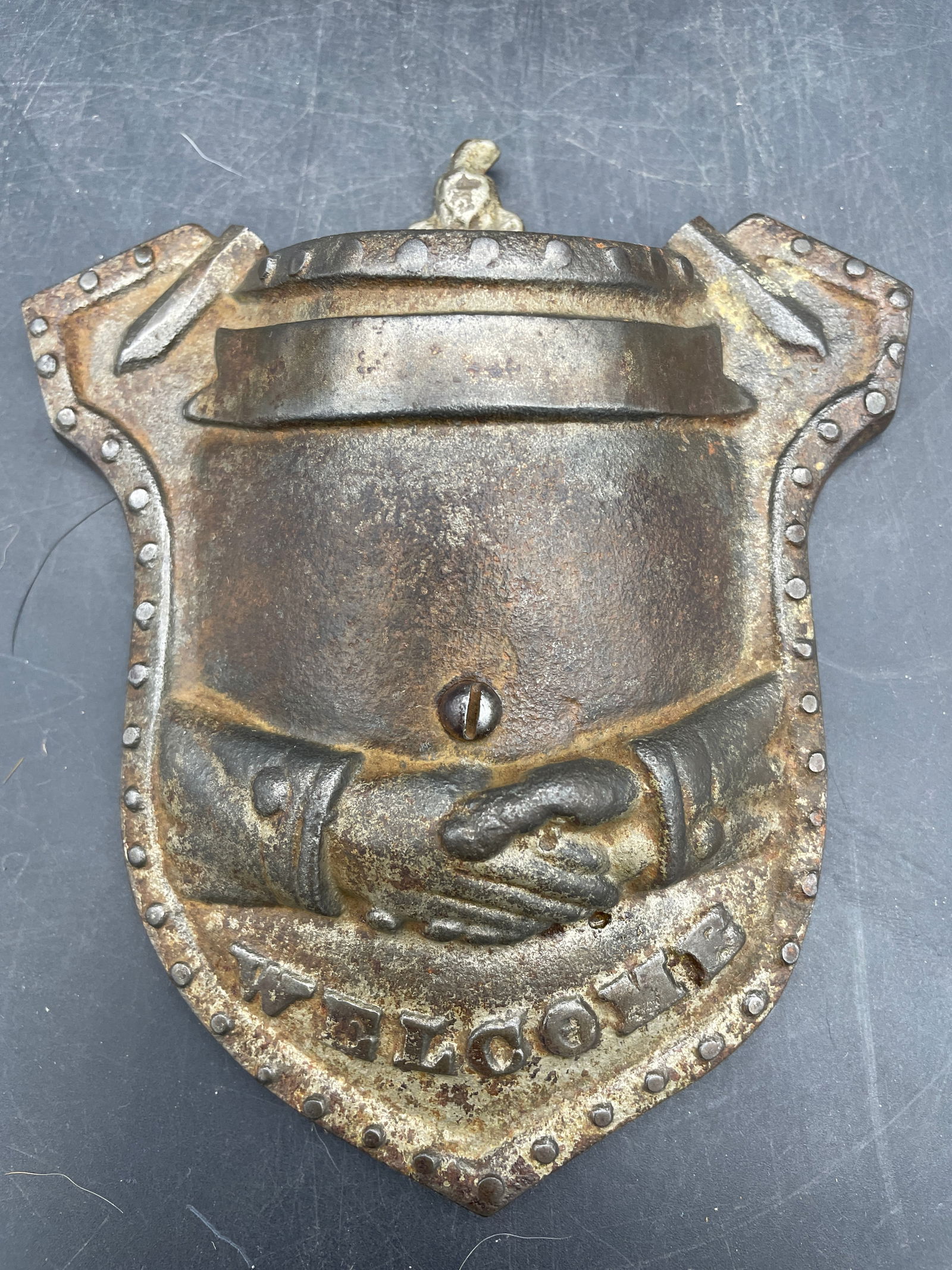 ANTIQUE CAST IRON MATCH HOLDER Welcome, Shaking Hands (1 of 8)