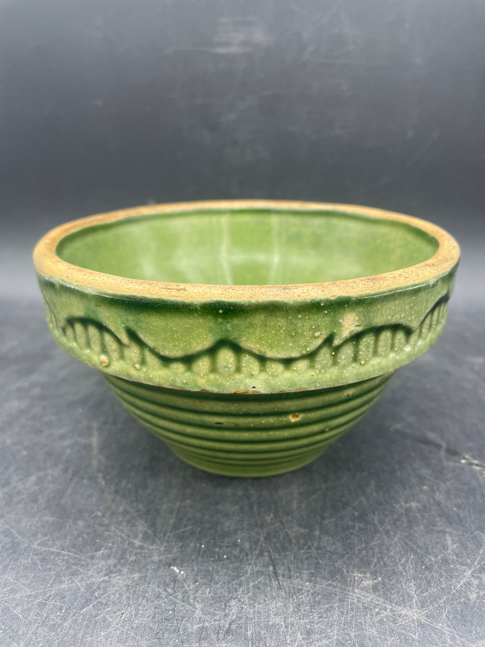RARE Green Ringed Yellowware Bowl By McCoy (1 of 8)