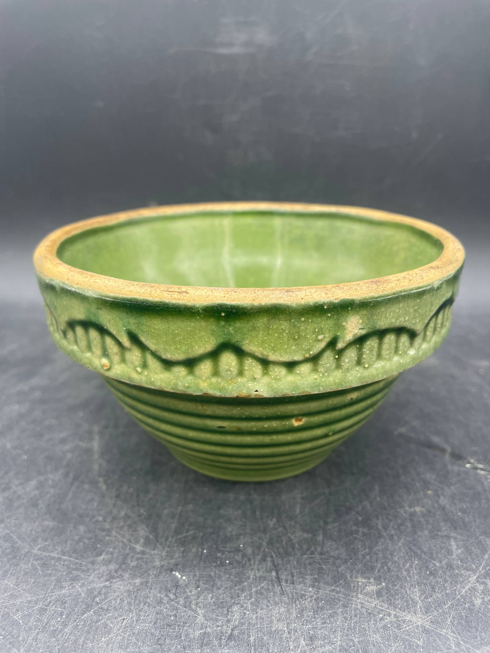 Rare Green Ringed Yellowware Bowl By Mccoy Auction