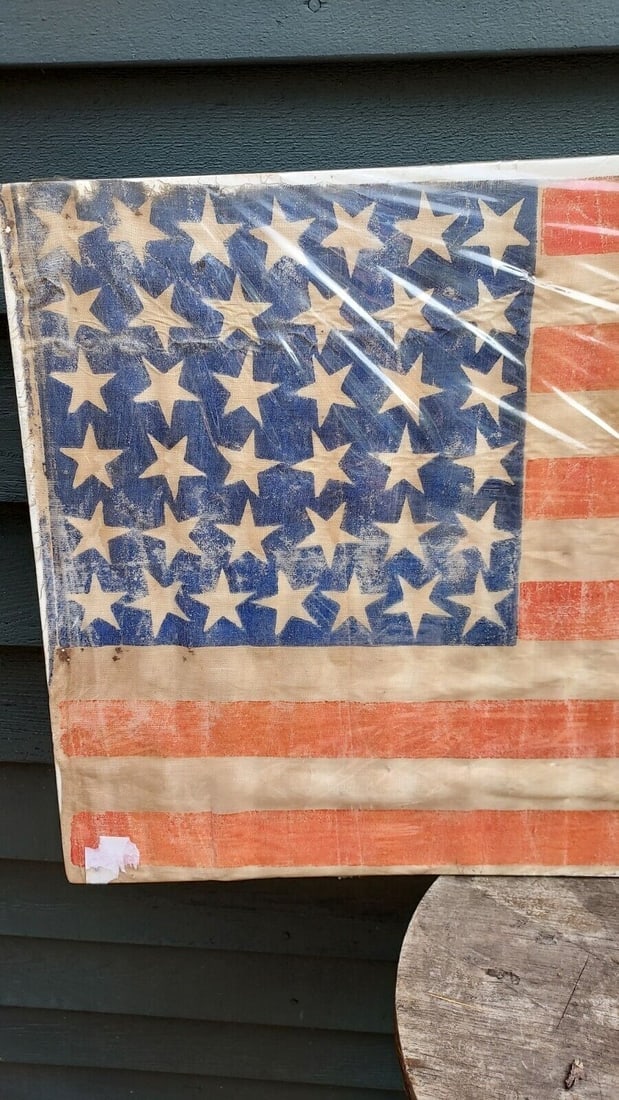 Rare American Flag 38 Star Colorado 1876: Printed flag representing the state of Colorado. Admitted into the union 1876 and ratified July 4th, 1877. STURDY FLAG despite damage. Missing two stripes. Measures 26 x 16 " . Shipping includes insur