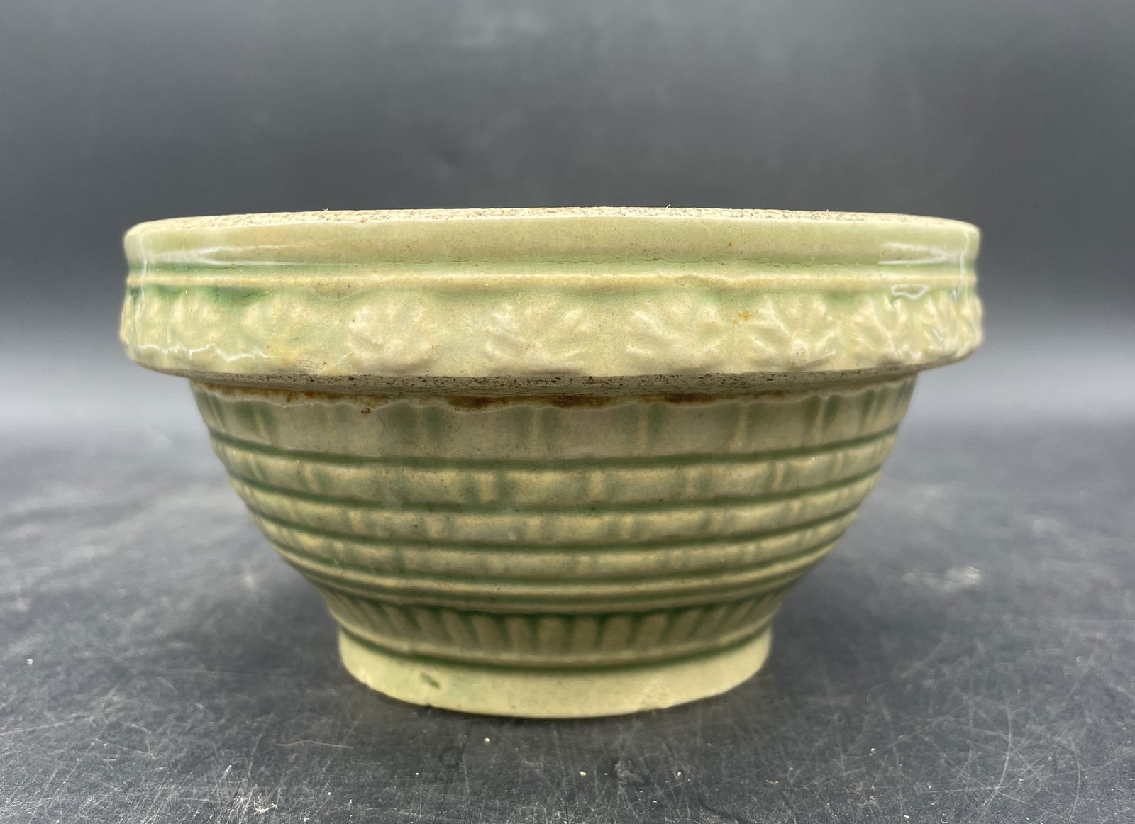 RRP ROBINSON RANSBOTTOM 5" GREEN YELLOWWARE BASKET WEAVE MIXING BOWL CROWN MARK (1 of 8)