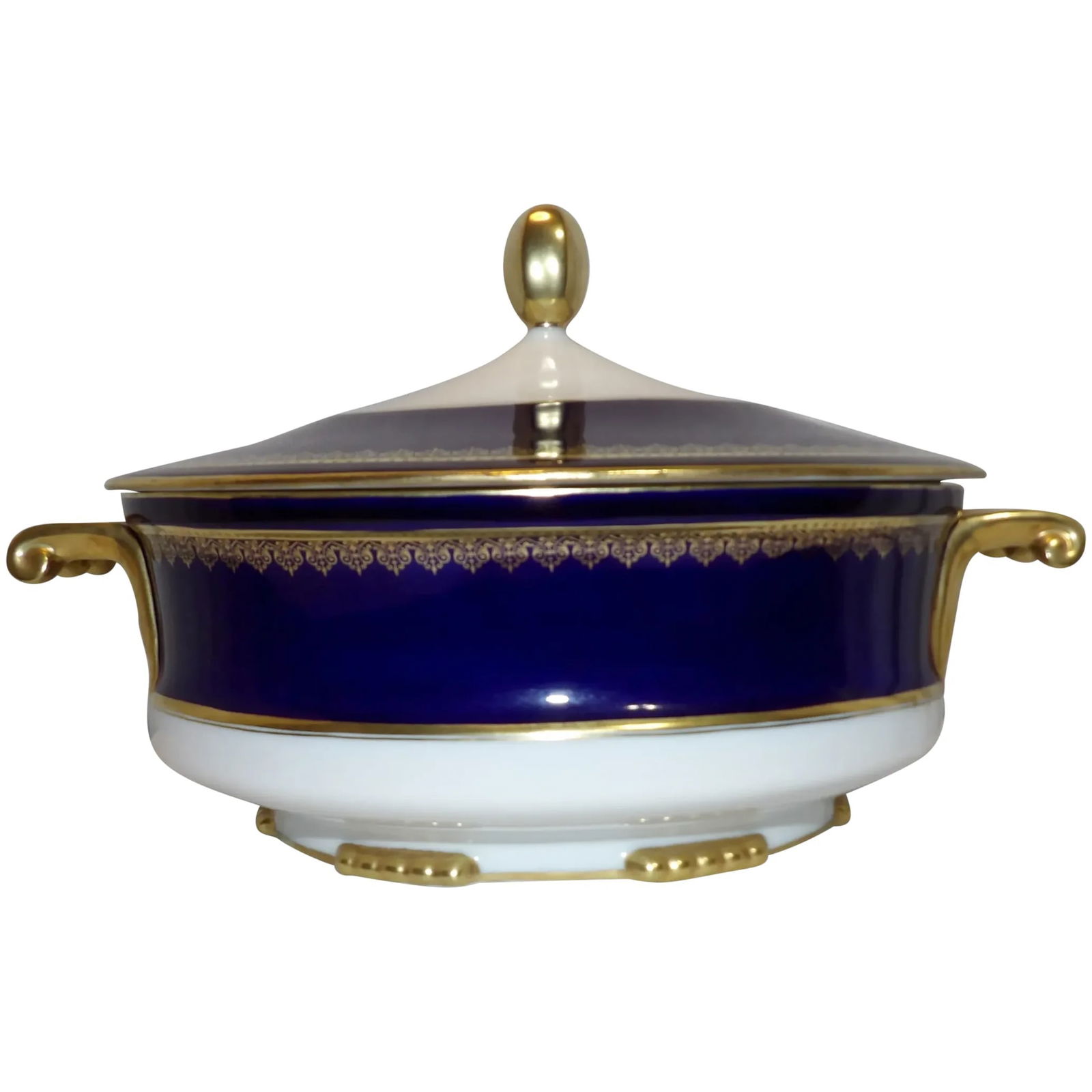 Antique Pfeiffer & Lowenstein (PSL backstamp) Antique Blue and White with Gold Trim Soup Tureen: This Beautiful Antique Pfeiffer & Lowenstein (PSL backstamp) Antique Blue and White with Gold Trim Soup Tureen is in very good condition. It does have a surface crack (see Photos) that does not go thr