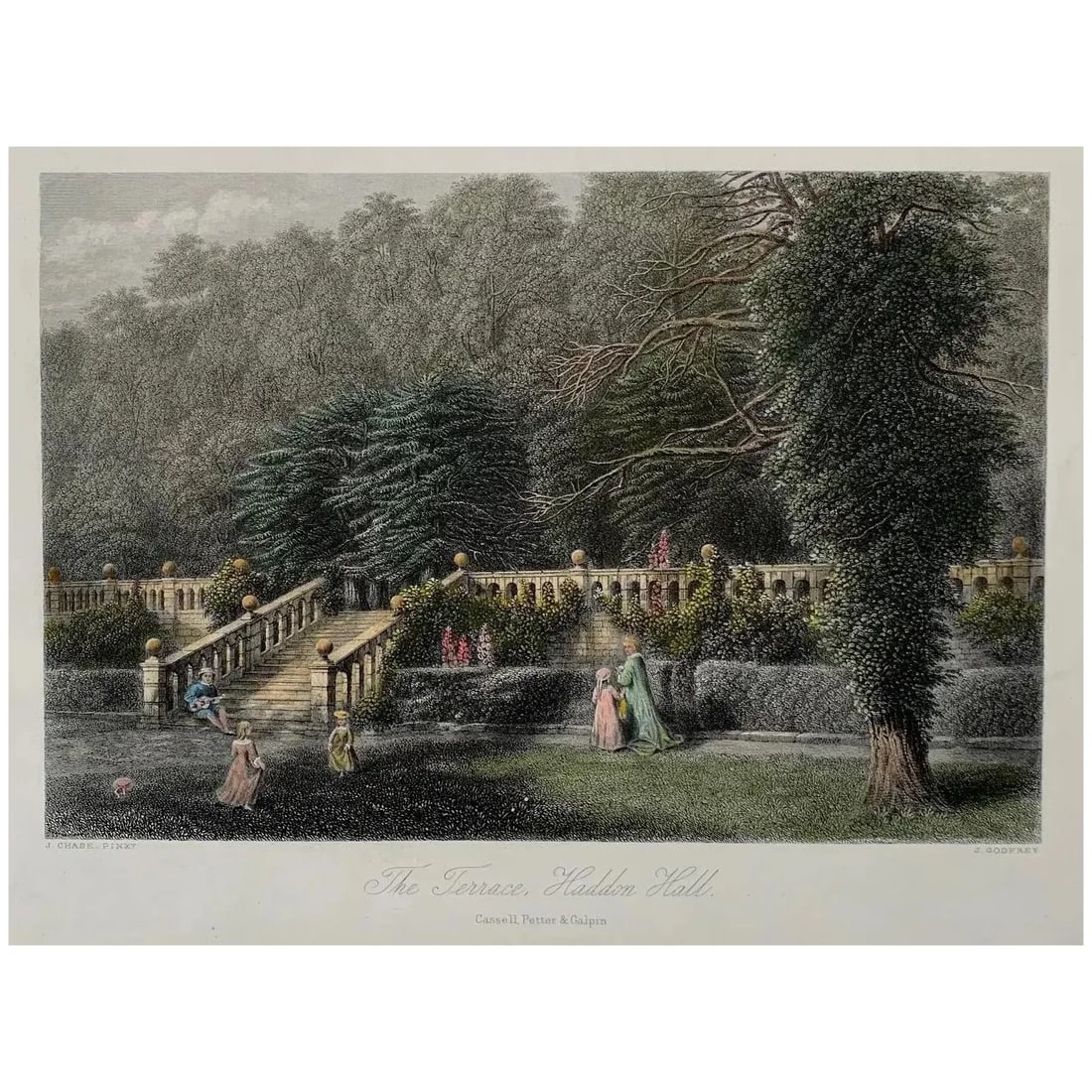 Antique engraving. Derbyshire, Haddon Hall Terrace, 1875.: Title: The Terrace, Haddon Hall. Engraver: John Godfrey (British, 1817-1889). Artist: after John Chase (British, 1810–1879). Description: Steel engraved antique print with recent hand colour, on
