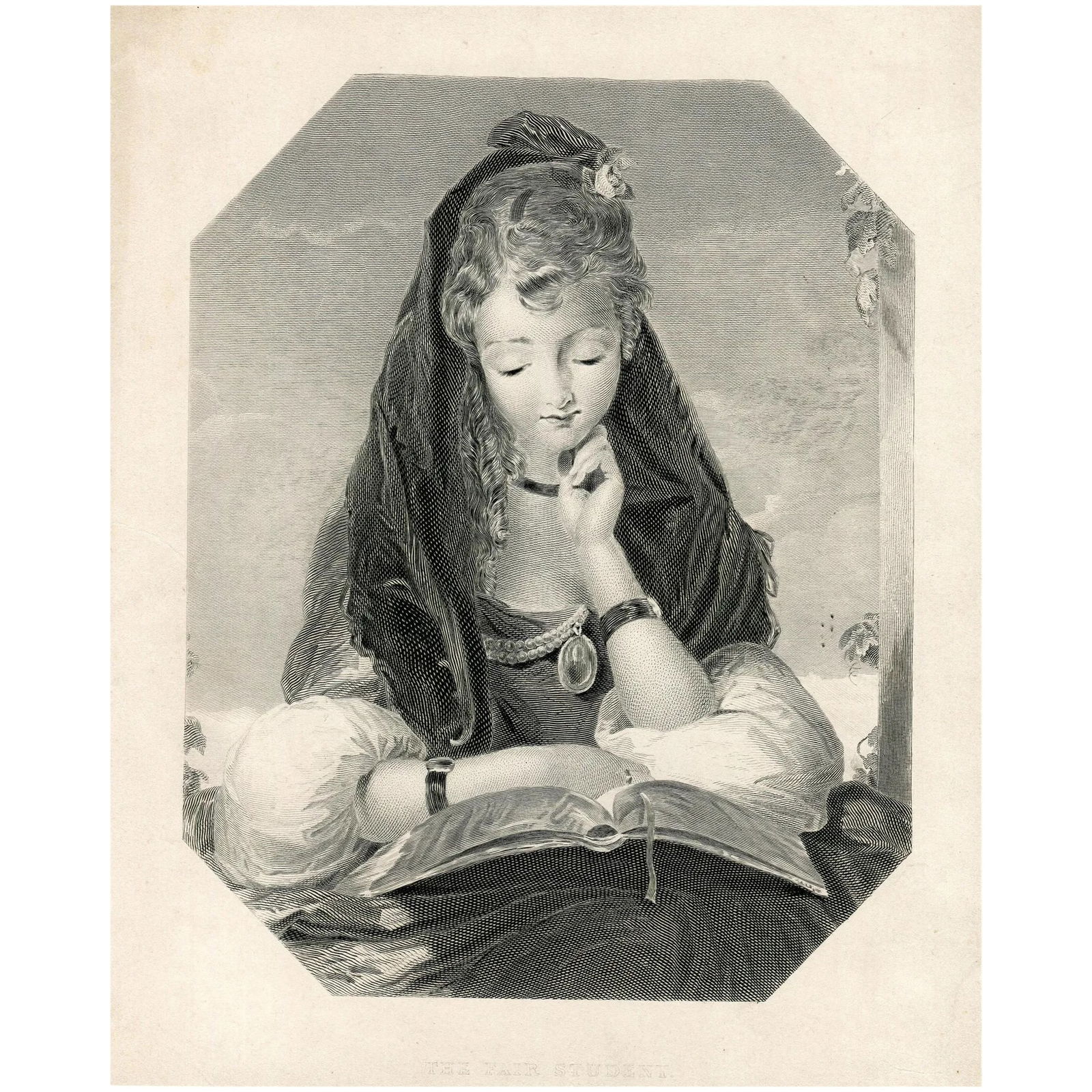 The fair student, after Gilbert Stuart Newton. Samuel Sangster: Title: The Fair Student Print made by: Samuel Sangster (1805-1872) After: Gilbert Stuart Newton (1794-1835) Description: A girl sitting three-quarter length to front in an oval frame, reading a book i
