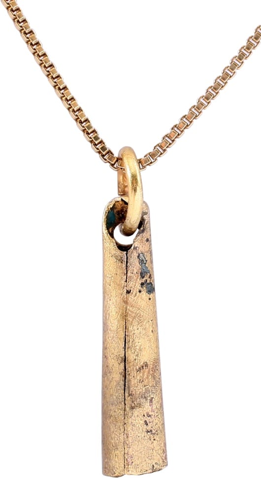 VIKING TUBULAR PENDANT NECKLACE, 9TH-11TH CENTURY AD: Over 3/4" in length, of elegantly tapered cylindrical form. Closed butted seam at the back. With its original suspension ring. These were strung on necklaces along with beds and amulets to provide a l