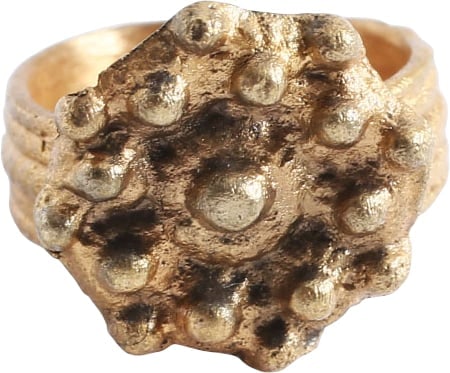 GREAT PLAGUE OF LONDON RING, 17th CENTURY, SIZE 3/4: 17th century, English. 4.3mm band in five raised roped ridges. Flower bud top with alternating nubs to the perimeter, probably based on the old Roman Wheel of Fortune. Burial in the churchyard brought