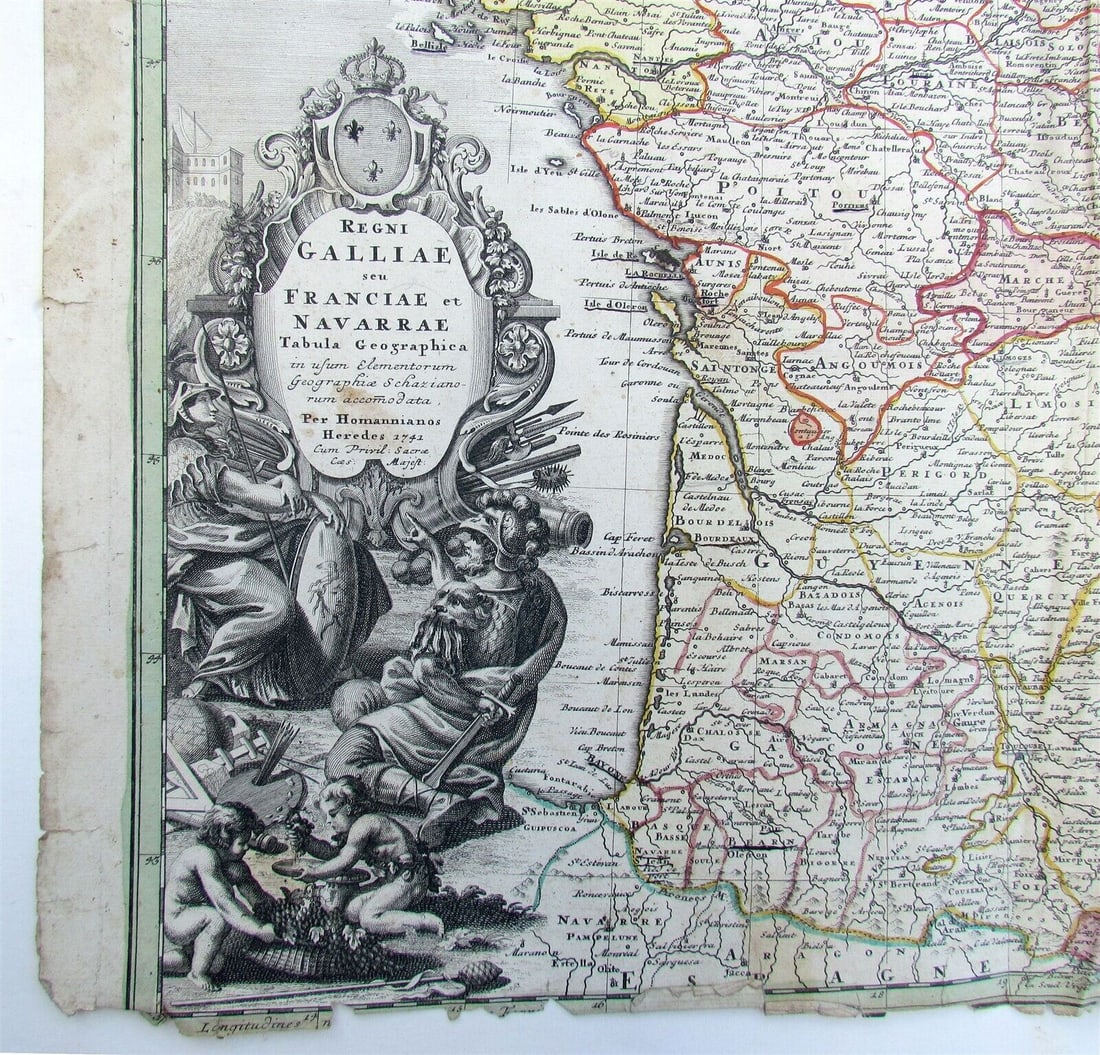 1741 antique MAP OF FRANCE REGNI GALLIEAE SEU FRANCIAE et Navarrae Tabula 18th C (1 of 7)