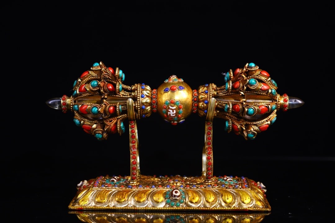 Tibetan Gilt Gold Silver Wires Inlay Crystal & DZI Agate,Gem Dharma-vessel (1 of 9)