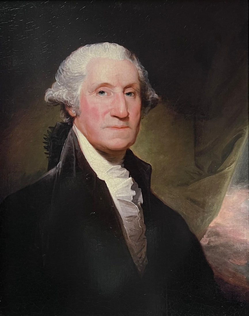 George Washington Portrait - Fine Framed Picture: Title: George Washington Portrait - Fine Framed Picture Description: Portrait of George Washington after Gilbert Stuart? colour print on canvas, framed framed: 27.5 x 33.5 inches canvas: 20.5 x 16 inc