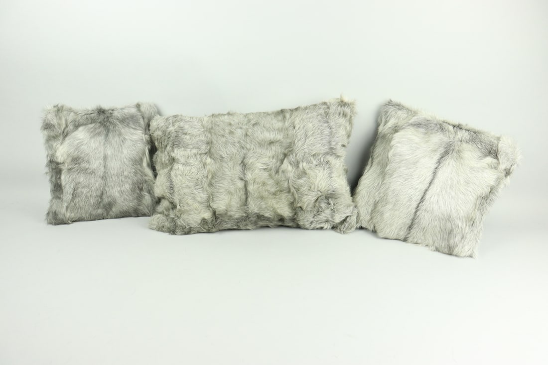 SET FO 3 GREY LAMB FUR PILLOWS: Title: SET FO 3 GREY LAMB FUR PILLOWS Dimension: Repurposed from multiple vintage fur garments re-made into super soft pillows, perfect for decoration; no filling in the pillow due to shipping; Size: