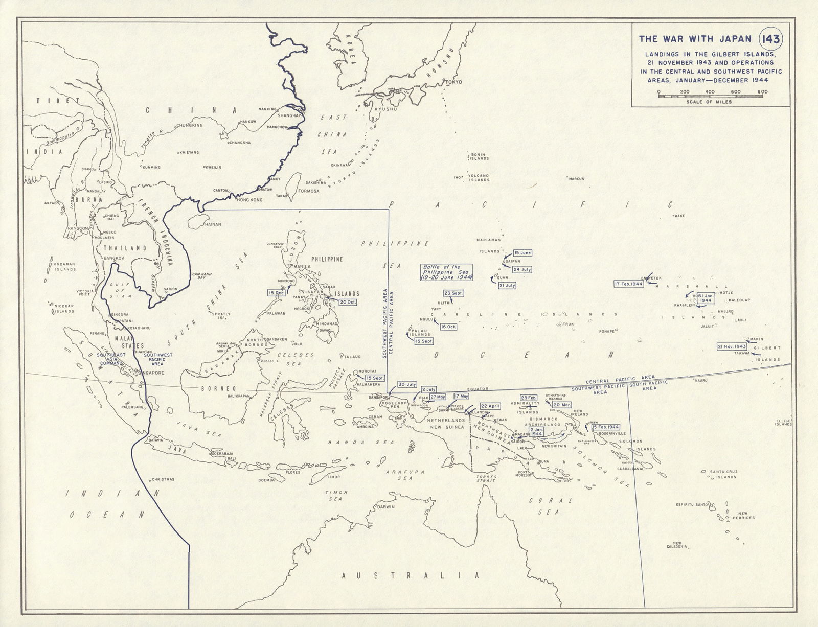 World War 2. Nov 1943-Dec 1944. Gilbert Islands. Pacific landings & Ops 1959 map: The War with Japan - Landings in the Gilbert Islands, 21 November 1943 and Operations in the Central and Southwest Pacific Areas, January-December 1944' by Edward J. Krasnoborski (1959). Antique colou