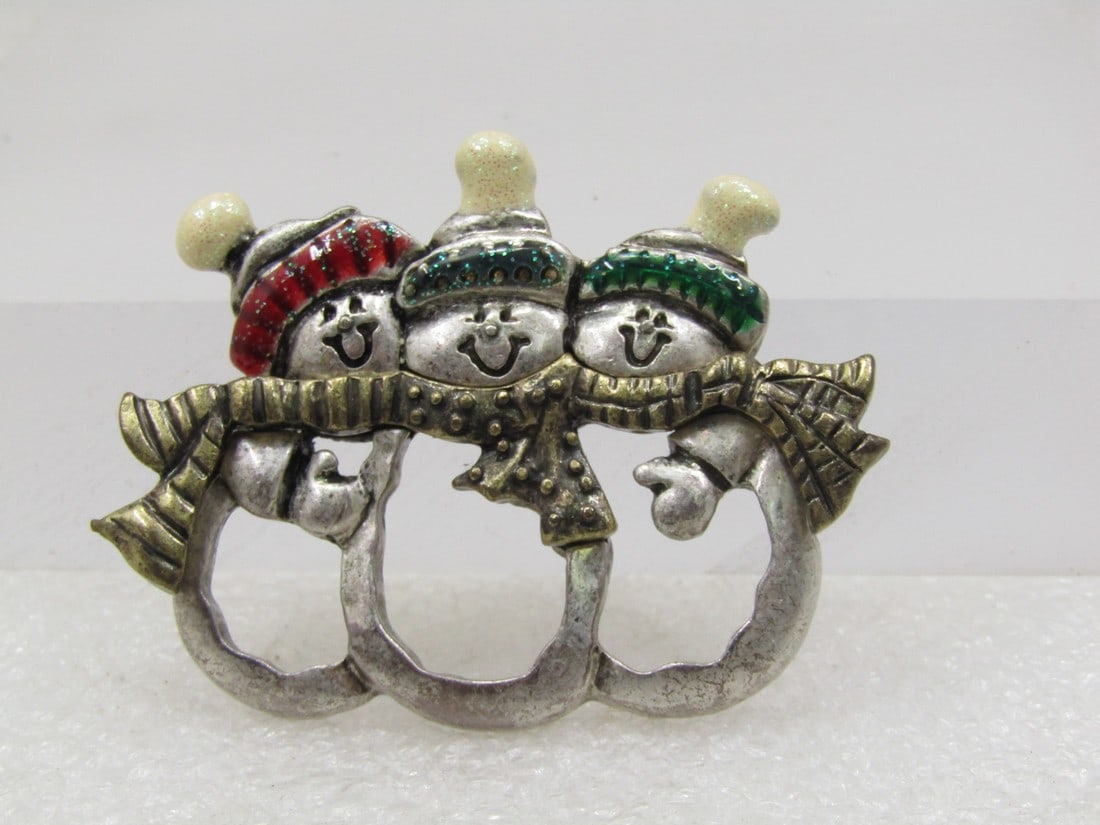 Vintage Three Snowmen Brooch, Enameled, Winter/Christmas, 1980's (1 of 5)