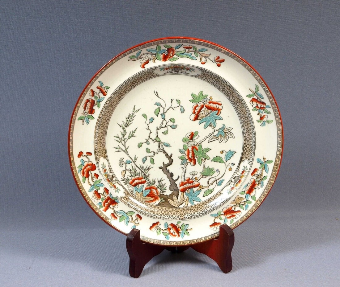 Spode COPELAND Indian Tree Green Rust Cabinet Plate Victorian c.1860 Antique: This is a beautiful early Cabinet plate made by William Taylor Copeland in the famous Indian tree pattern. They had an impressed Copeland mark, that dates the pieces between 1850 and 1866. The plate i